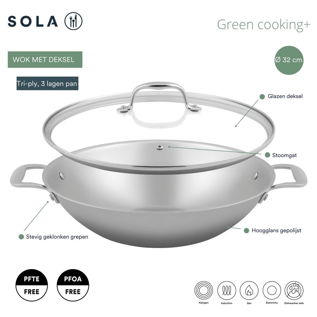 Decimale Effectiviteit Doe een poging Green cooking+ wokpan 32 cm met deksel | Sola